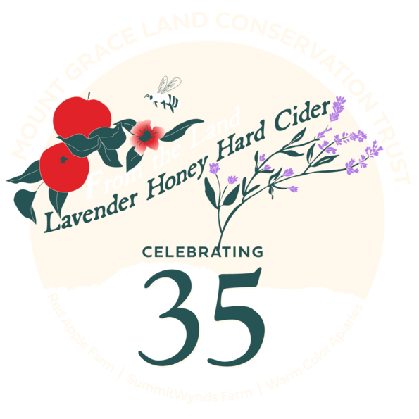 Design on pint glass: Text - Mount Grace Land Conservation Trust From the Land Lavender Honey Hard Cider Celebrating 35; Red Apple Farm | SummitWynds Farm | Warm Color Apiaries with visuals of a bee flying over flower, apples and lavender