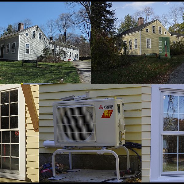 Clockwise from top left: Skyfields office building pre-renovations, Skyfields after painting, a new Pella Impervia window, the outdoor unit of a mini-split system, an old office window. All photos taken at Mount Grace’s office building.