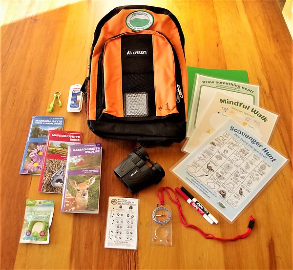 Nature Adventure Backpacks contain binoculars, a compass, field guides, and interactive worksheets