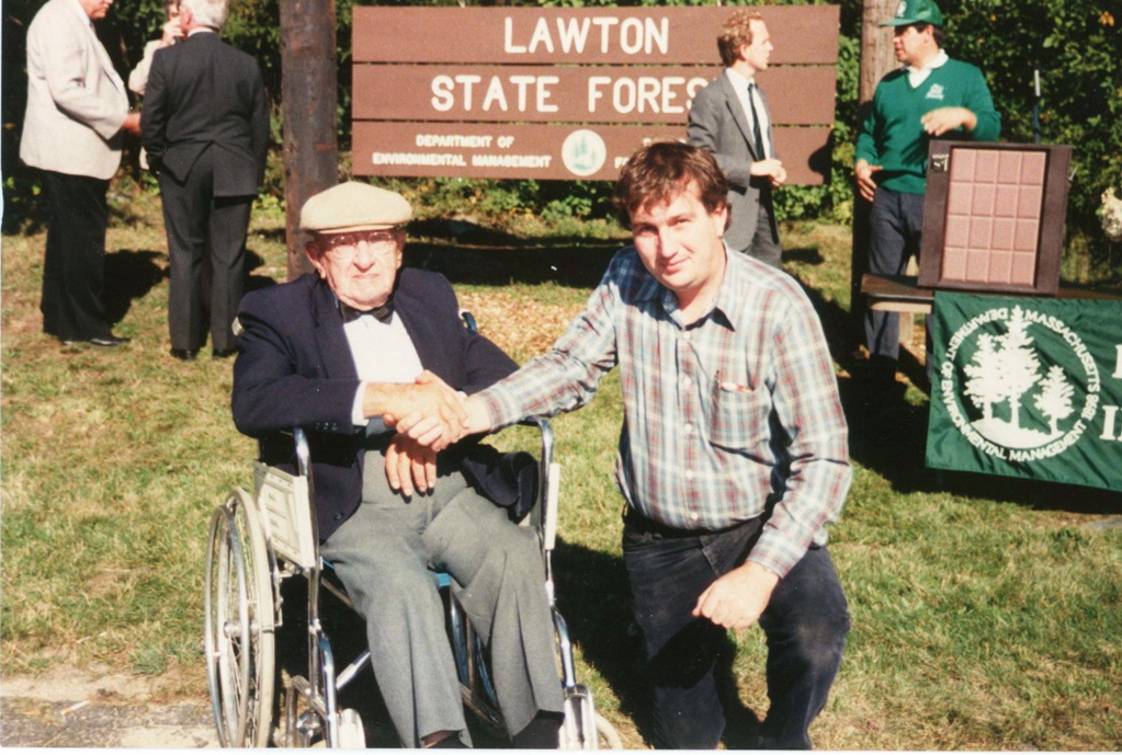 Peter Gerry and Robert Lawton shaking hands at Lawton State Forest